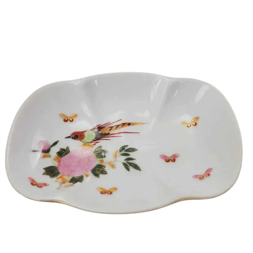Vintage Trinket Dish Japan Made Bird Flowers Butterflies White & Gold Highlights